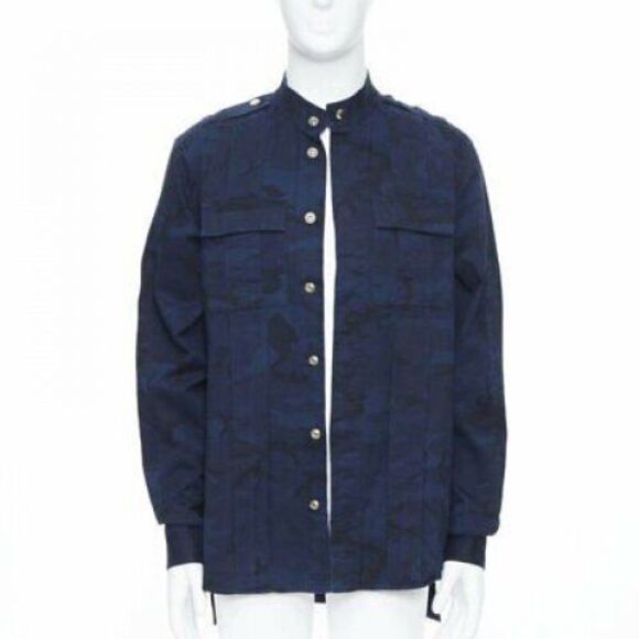 BALMAIN blue camouflage cotton gold button military shirt jacket EU38 S